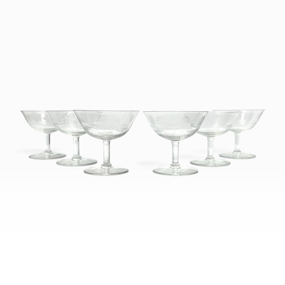 1910s Antique Fostoria “Lotus” 6 Etched Optic Coupe Champagne Glasses 3 1/2” 4oz